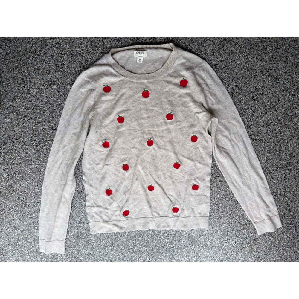J.Crew Tippi Sweater Oatmeal Beige Red Apple Embroidered Crewneck Pullover M